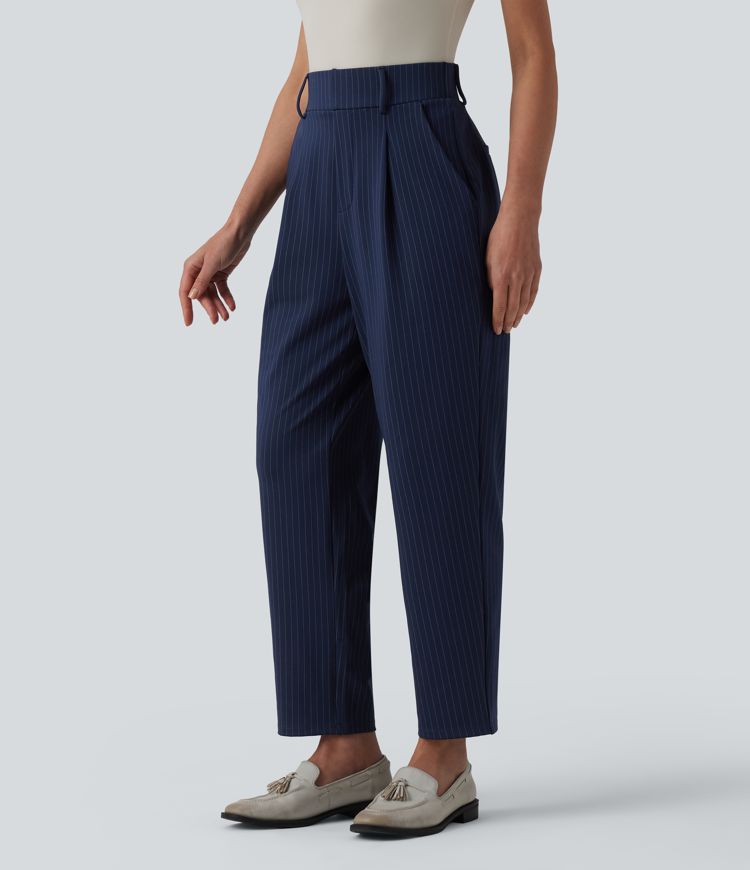 Pantalon tailleur fuselé 7/8 taille haute à rayures avec poches