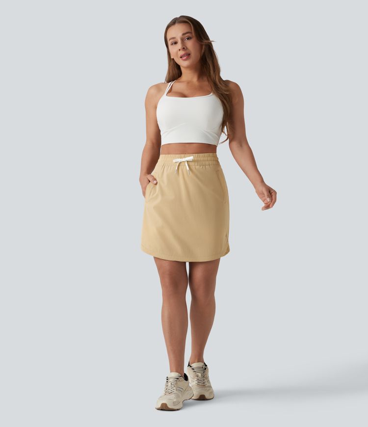 High Waisted Drawstring 2-in-1 Curved Hem Mini Golf Skirt with Pockets-Longer Length