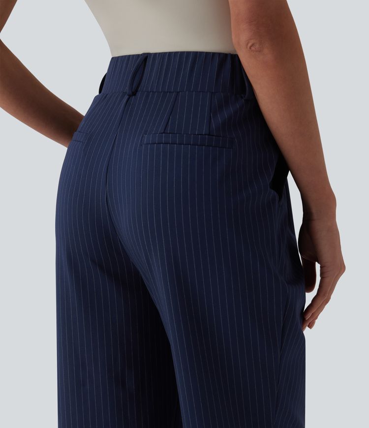 Pantalon tailleur fuselé 7/8 taille haute à rayures avec poches