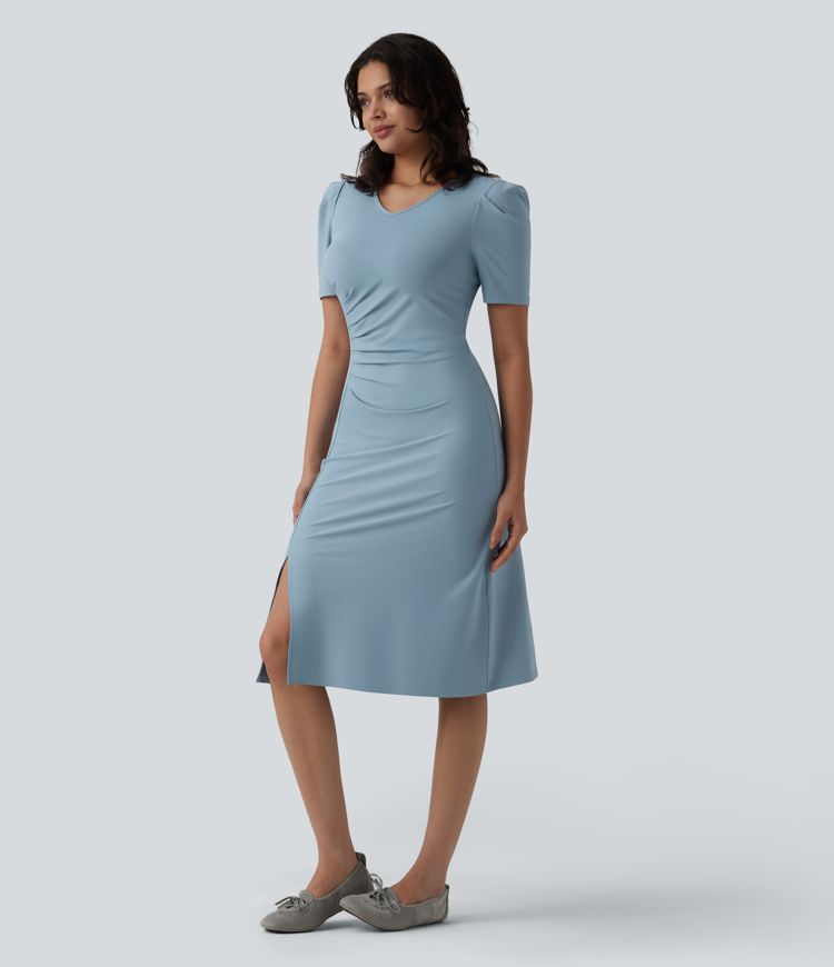 V Neck Short Sleeve Midi Casual Dress