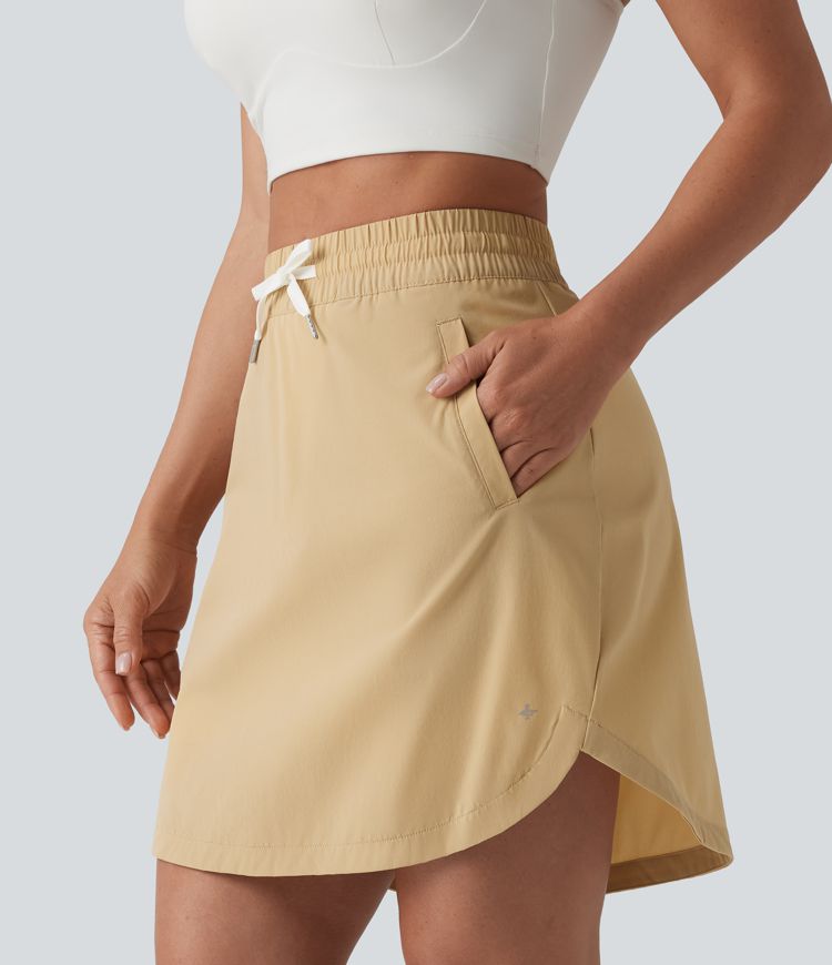 High Waisted Drawstring 2-in-1 Curved Hem Mini Golf Skirt with Pockets-Longer Length