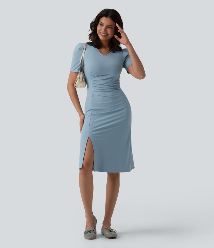 V Neck Short Sleeve Midi Casual Dress