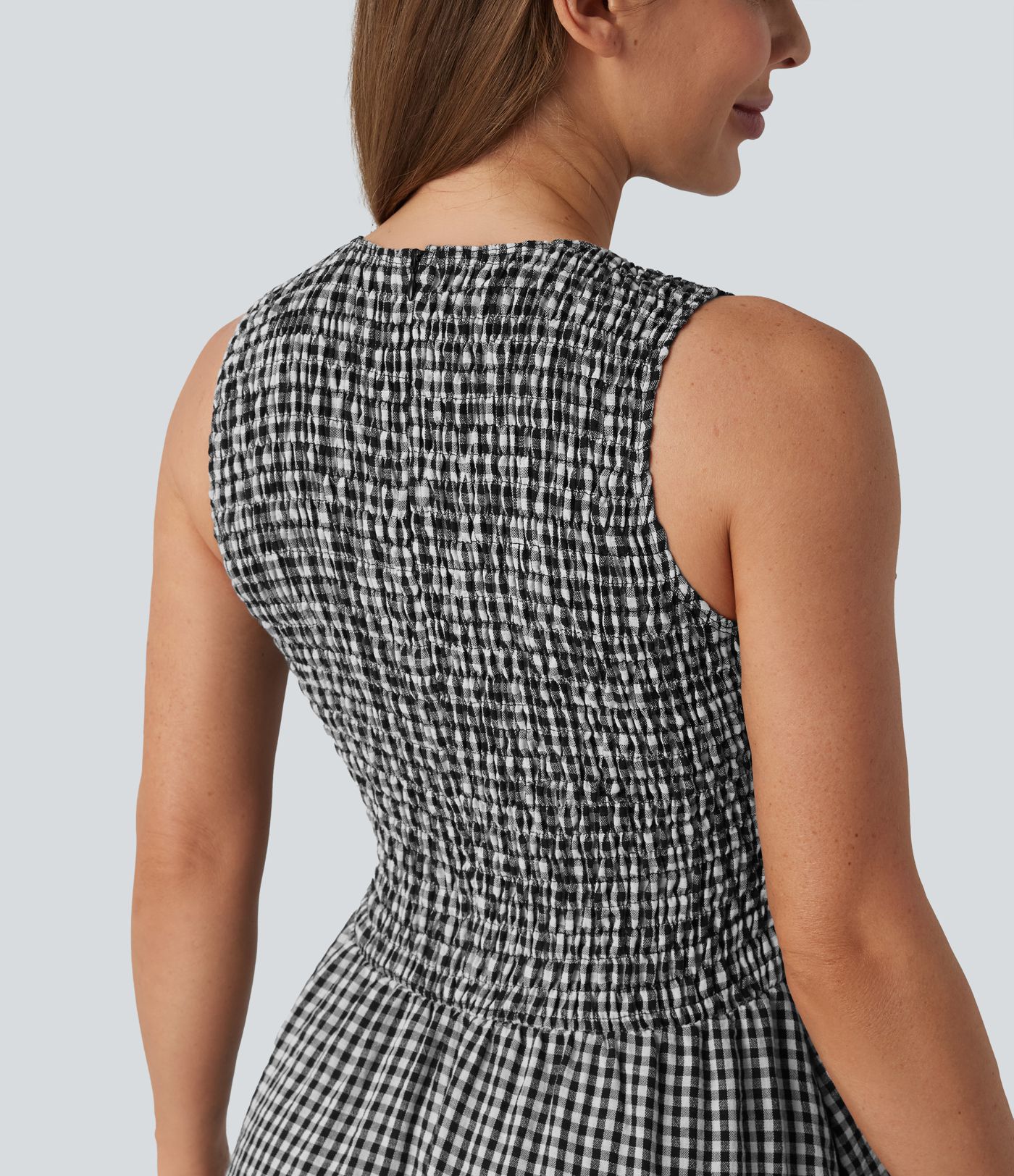 Round Neck Sleeveless Shirred Plaid Flowy Midi Casual Linen-Feel Dress with Pockets