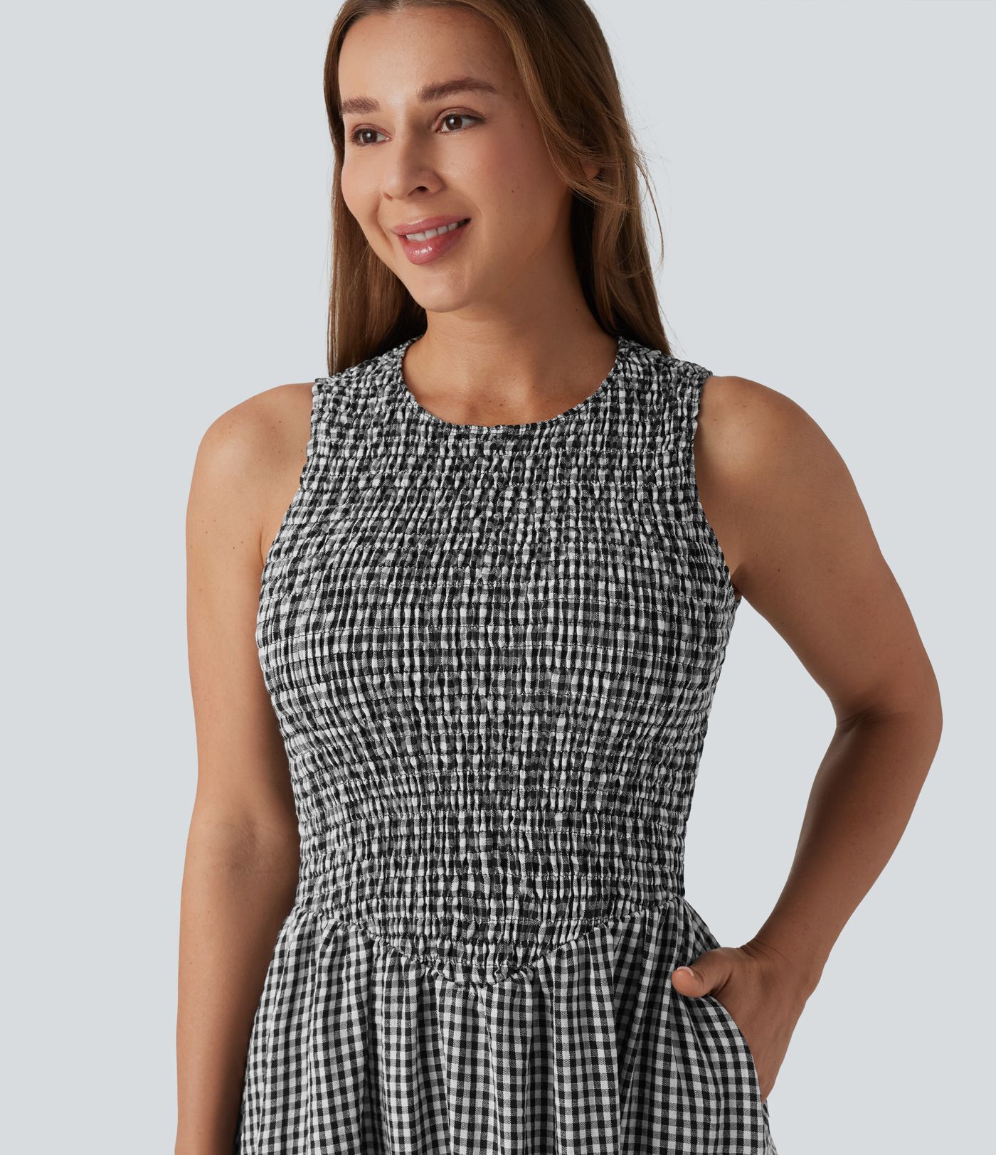 Round Neck Sleeveless Shirred Plaid Flowy Midi Casual Linen-Feel Dress with Pockets