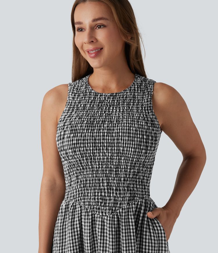 Round Neck Sleeveless Shirred Plaid Flowy Midi Casual Linen-Feel Dress with Pockets
