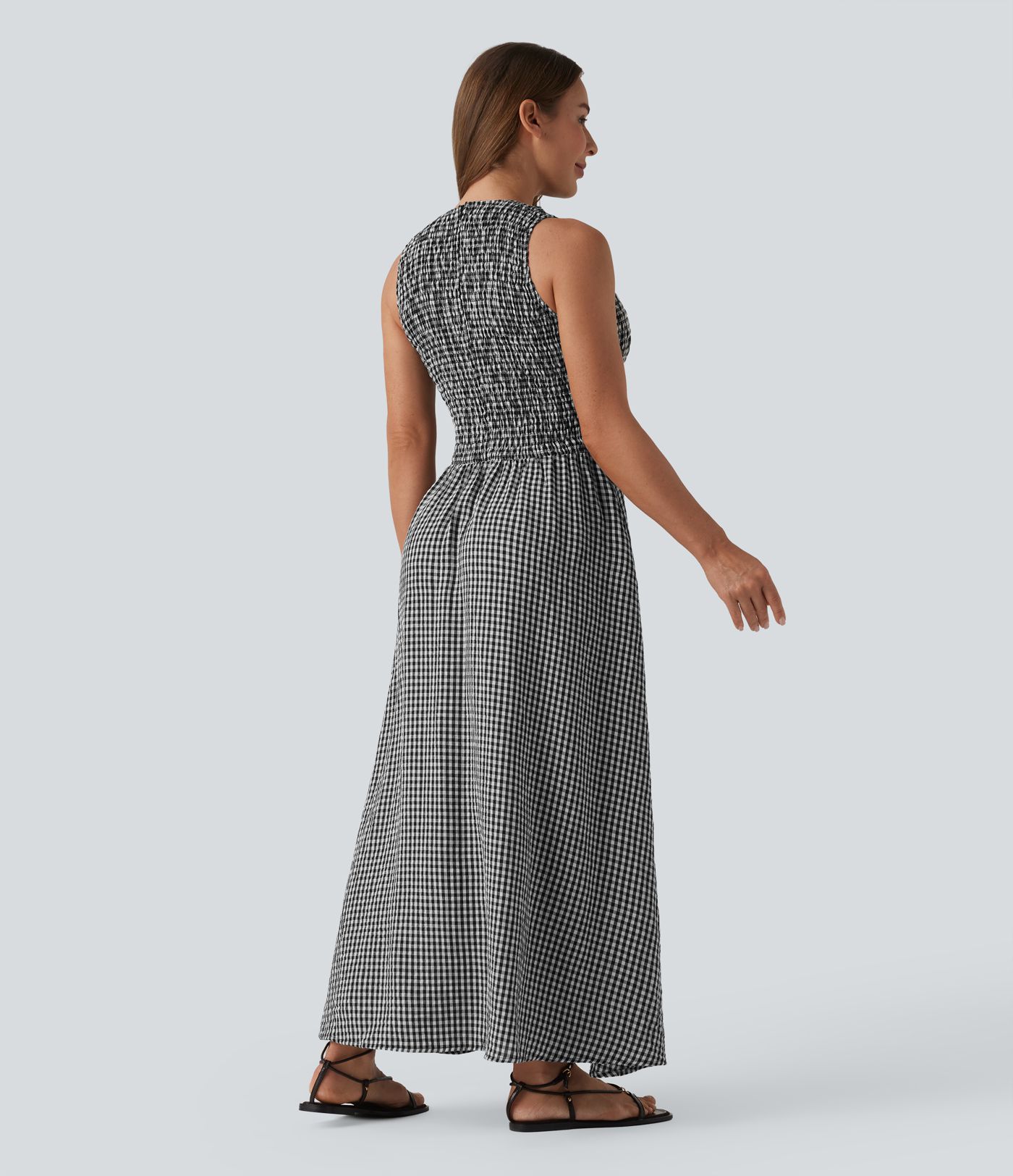 Round Neck Sleeveless Shirred Plaid Flowy Midi Casual Linen-Feel Dress with Pockets