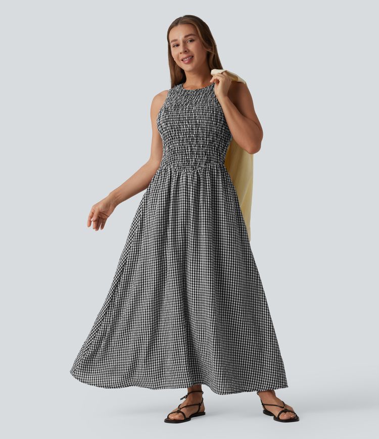 Round Neck Sleeveless Shirred Plaid Flowy Midi Casual Linen-Feel Dress with Pockets