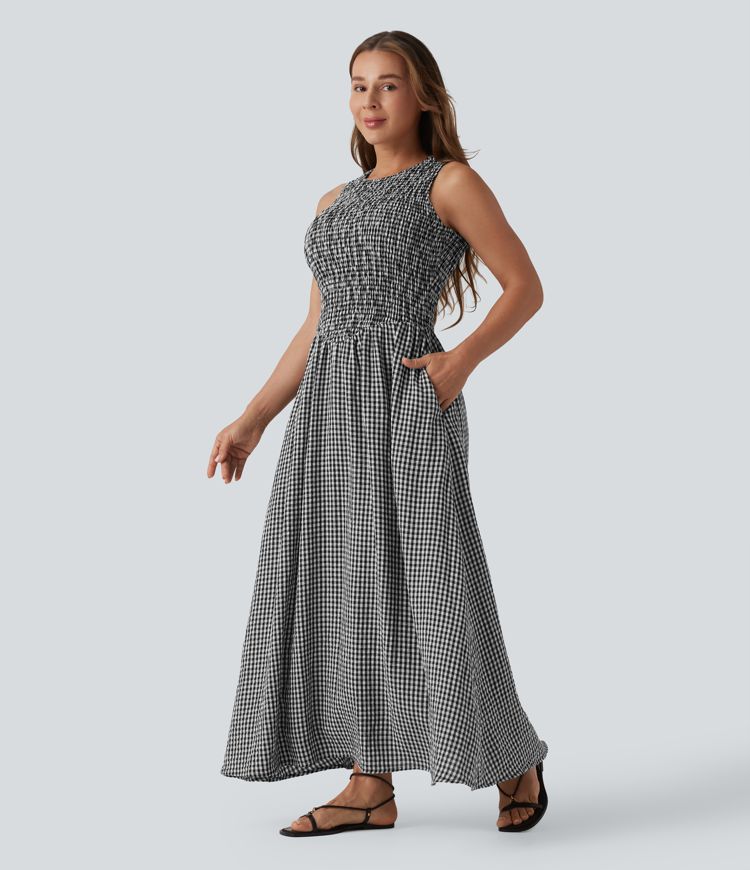 Round Neck Sleeveless Shirred Plaid Flowy Midi Casual Linen-Feel Dress with Pockets