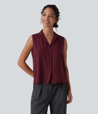 Lapel Collar Sleeveless Button Fly Relaxed Work Blouse