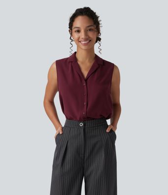 Lapel Collar Sleeveless Button Fly Relaxed Work Blouse
