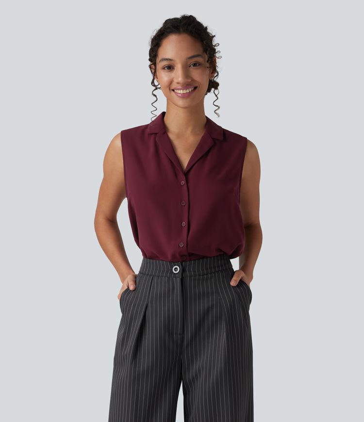Lapel Collar Sleeveless Button Fly Relaxed Work Blouse