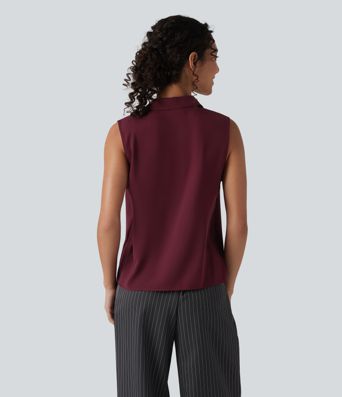 Lapel Collar Sleeveless Button Fly Relaxed Work Blouse