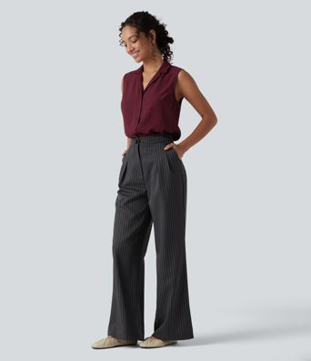 Lapel Collar Sleeveless Button Fly Relaxed Work Blouse