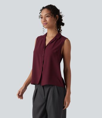 Lapel Collar Sleeveless Button Fly Relaxed Work Blouse