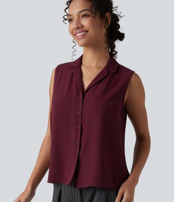 Lapel Collar Sleeveless Button Fly Relaxed Work Blouse