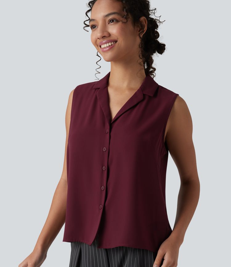 Lapel Collar Sleeveless Button Fly Relaxed Work Blouse