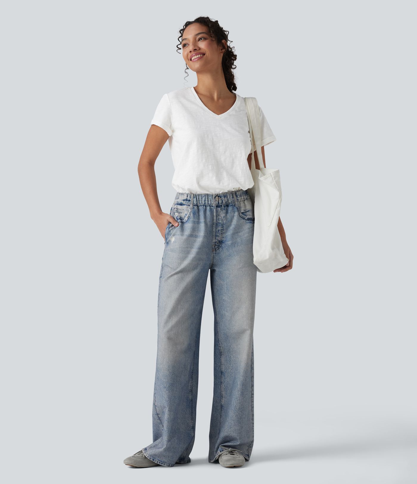 V-neck Short Sleeve Relaxed Casual Slubbed Cotton T-Shirt