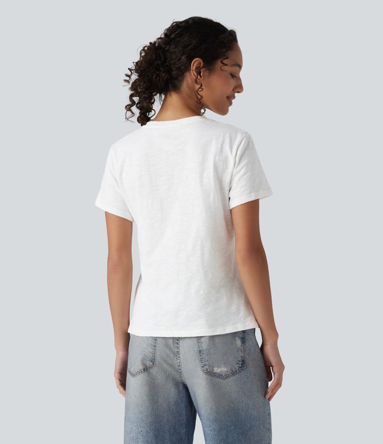 V-neck Short Sleeve Relaxed Casual Slubbed Cotton T-Shirt