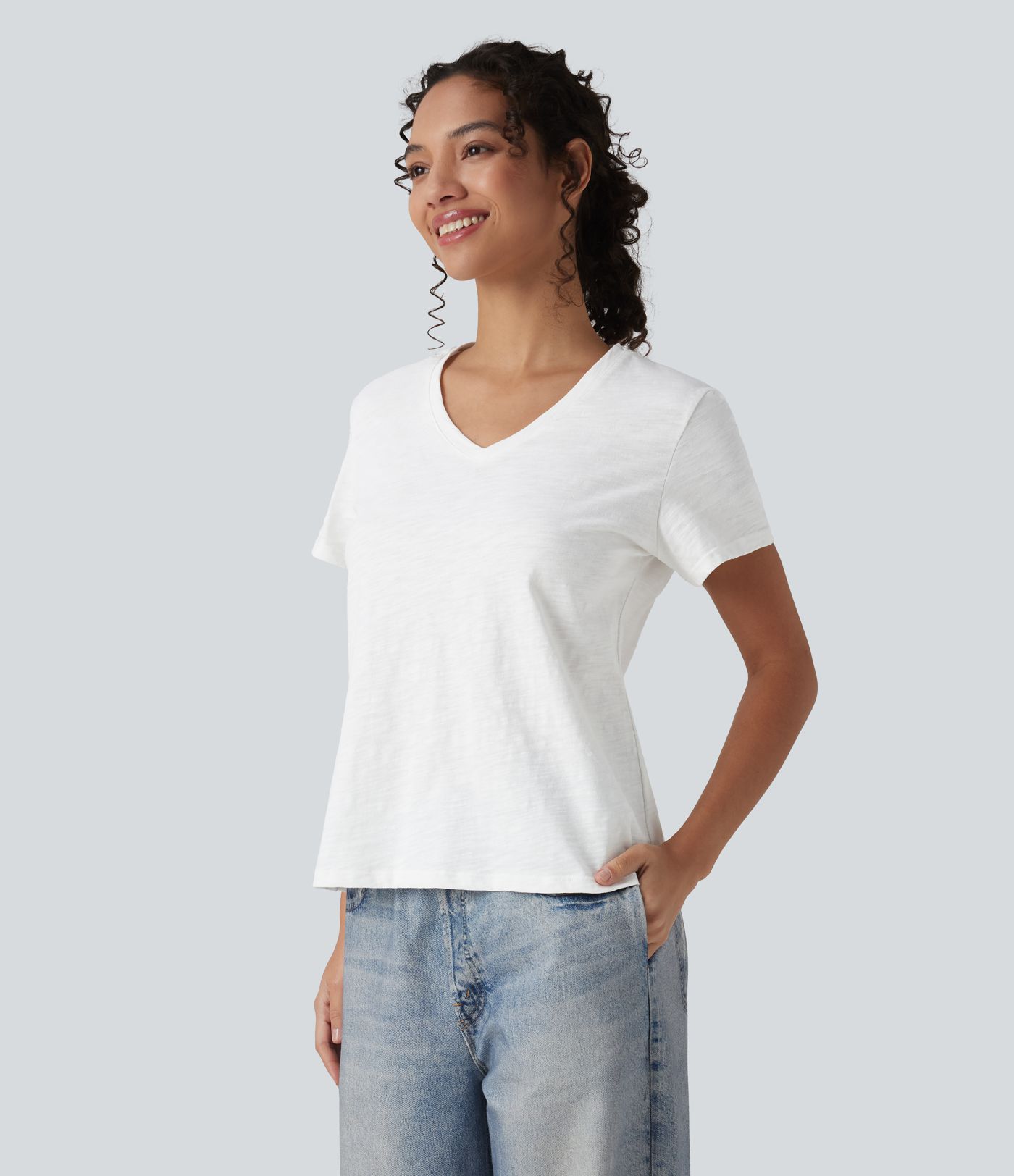 V-neck Short Sleeve Relaxed Casual Slubbed Cotton T-Shirt