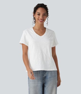 V-neck Short Sleeve Relaxed Casual Slubbed Cotton T-Shirt
