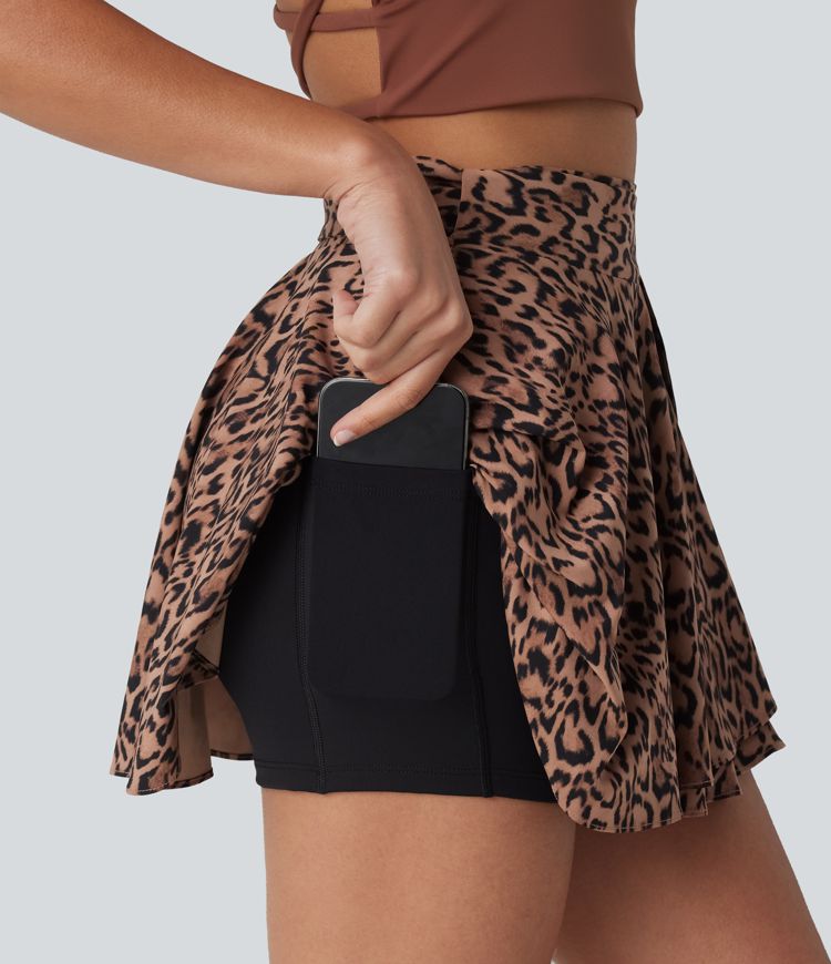 High Waisted Tie Side 2-in-1 Leopard Print Flowy Mini Tennis Skirt with Pocket