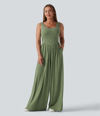 U Neck Wide Leg Casual Jumpsuit with Pockets-Easy Peezy Edition