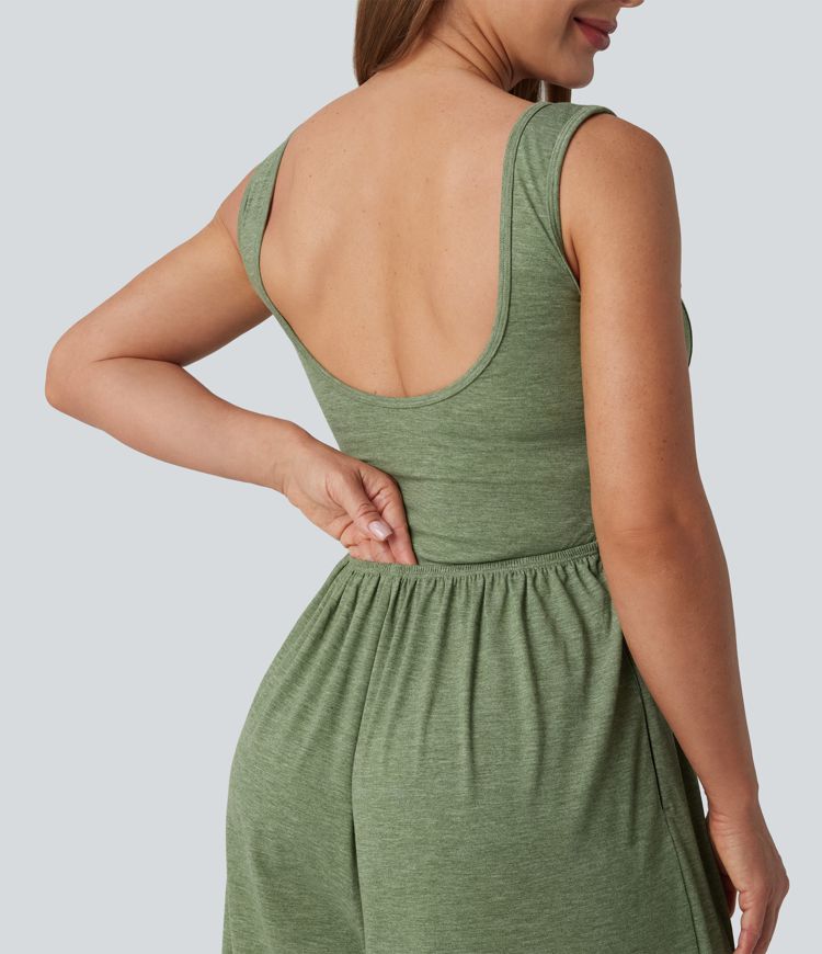 U Neck Wide Leg Casual Jumpsuit with Pockets-Easy Peezy Edition