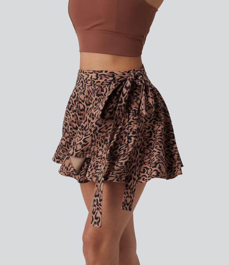 High Waisted Tie Side 2-in-1 Leopard Print Flowy Mini Tennis Skirt with Pocket