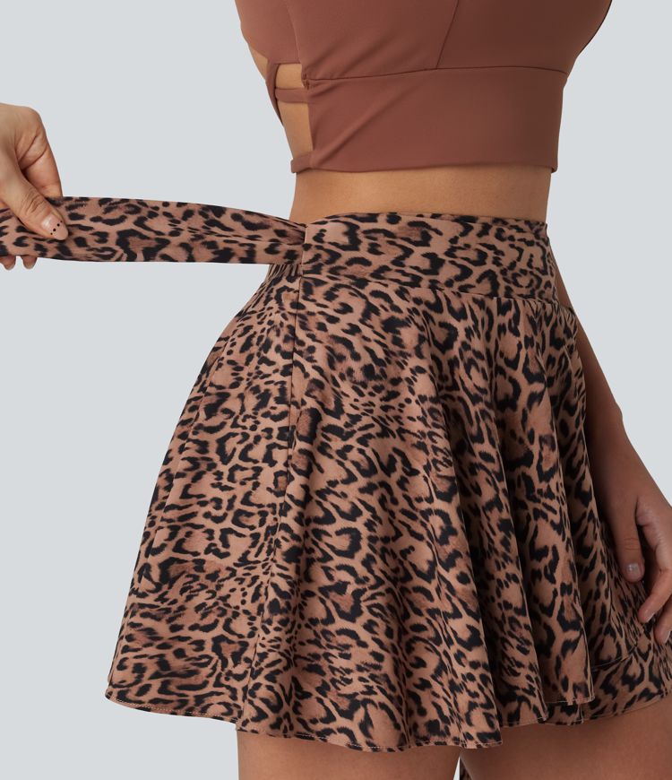 High Waisted Tie Side 2-in-1 Leopard Print Flowy Mini Tennis Skirt with Pocket