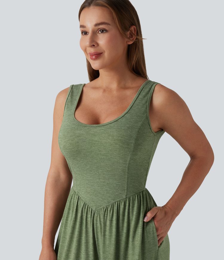 U Neck Wide Leg Casual Jumpsuit with Pockets-Easy Peezy Edition