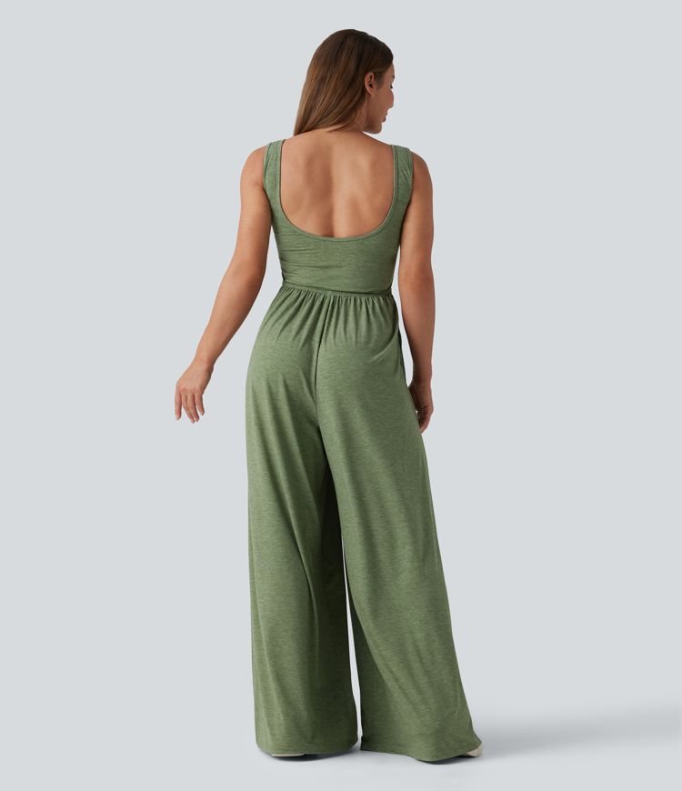 U Neck Wide Leg Casual Jumpsuit with Pockets-Easy Peezy Edition