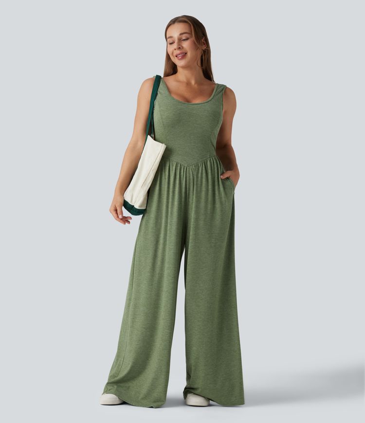 U Neck Wide Leg Casual Jumpsuit with Pockets-Easy Peezy Edition