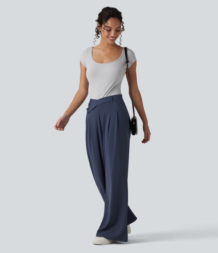 Asymmetric Mid Rise Flare Work Pants with Pockets