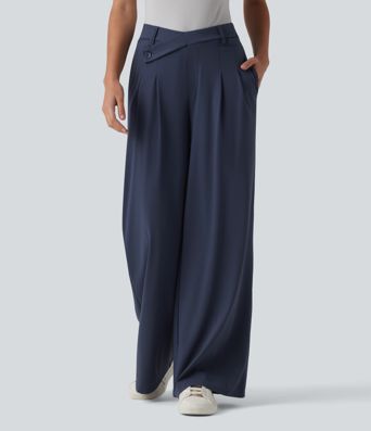Asymmetric Mid Rise Flare Work Pants with Pockets