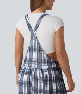 Adjustable Straps Plaid/Leopard Print Maxi Flowy Casual Pinafore Dress with Pockets