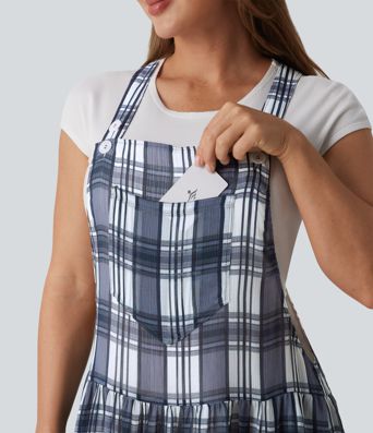 Adjustable Straps Plaid/Leopard Print Maxi Flowy Casual Pinafore Dress with Pockets