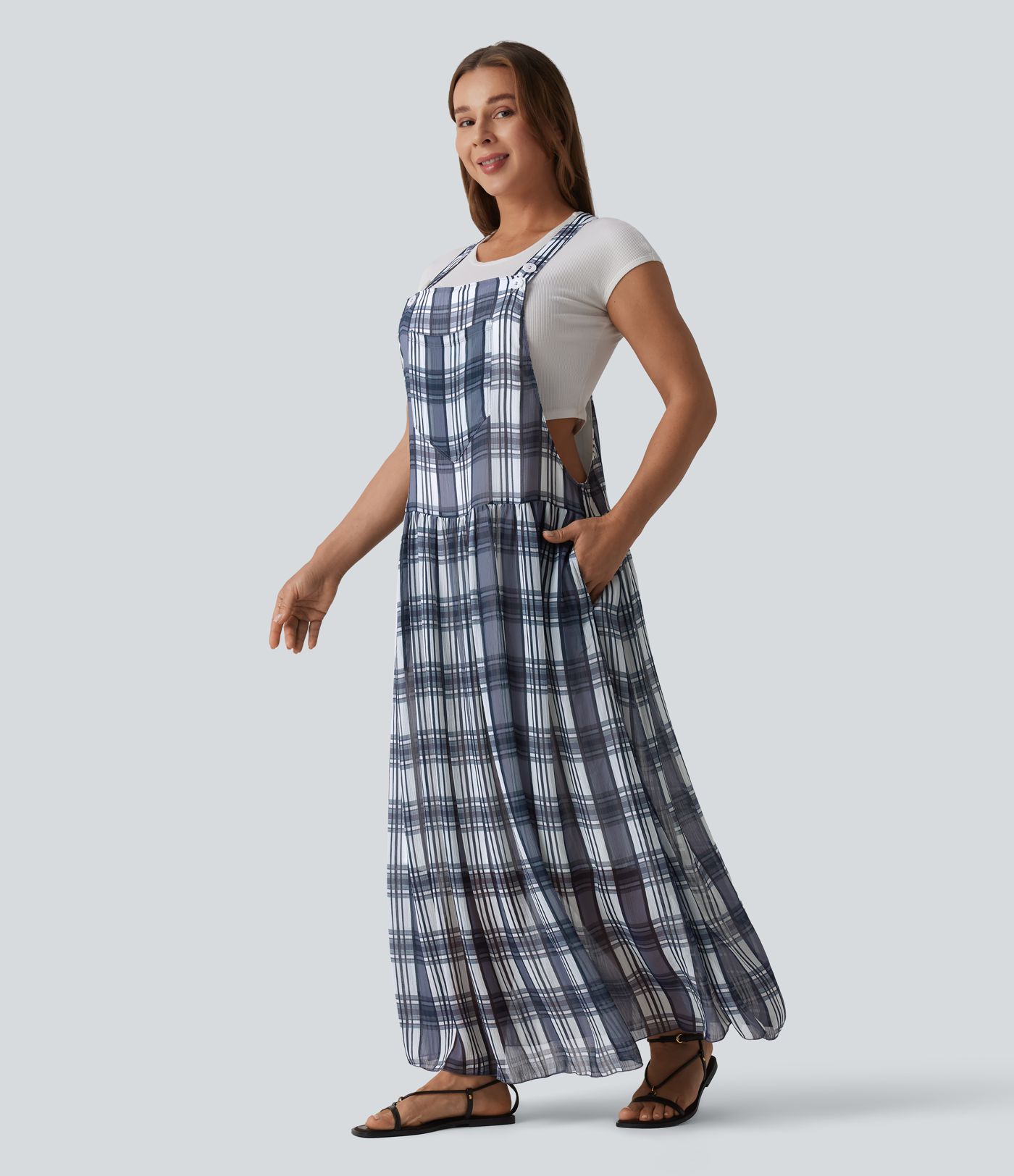 Adjustable Straps Plaid/Leopard Print Maxi Flowy Casual Pinafore Dress with Pockets