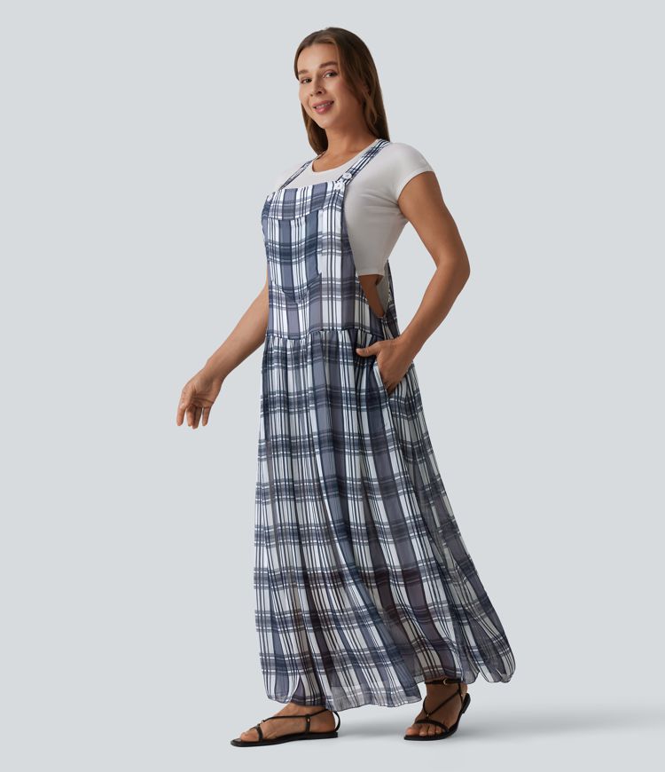 Adjustable Straps Plaid/Leopard Print Maxi Flowy Casual Pinafore Dress with Pockets