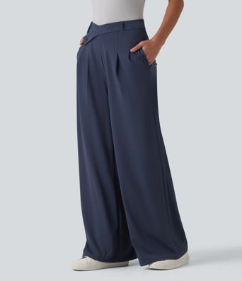 Asymmetric Mid Rise Flare Work Pants with Pockets