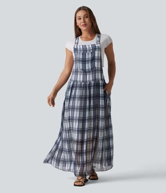 Adjustable Straps Plaid/Leopard Print Maxi Flowy Casual Pinafore Dress with Pockets