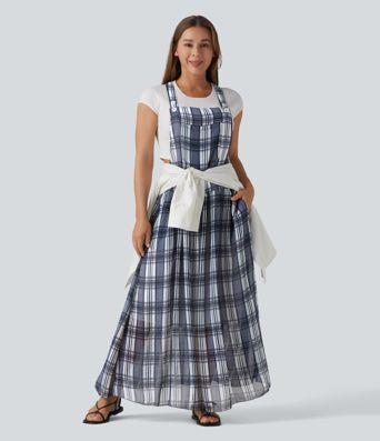 Adjustable Straps Plaid/Leopard Print Maxi Flowy Casual Pinafore Dress with Pockets