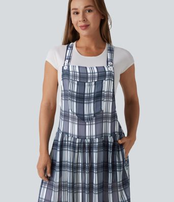 Adjustable Straps Plaid/Leopard Print Maxi Flowy Casual Pinafore Dress with Pockets