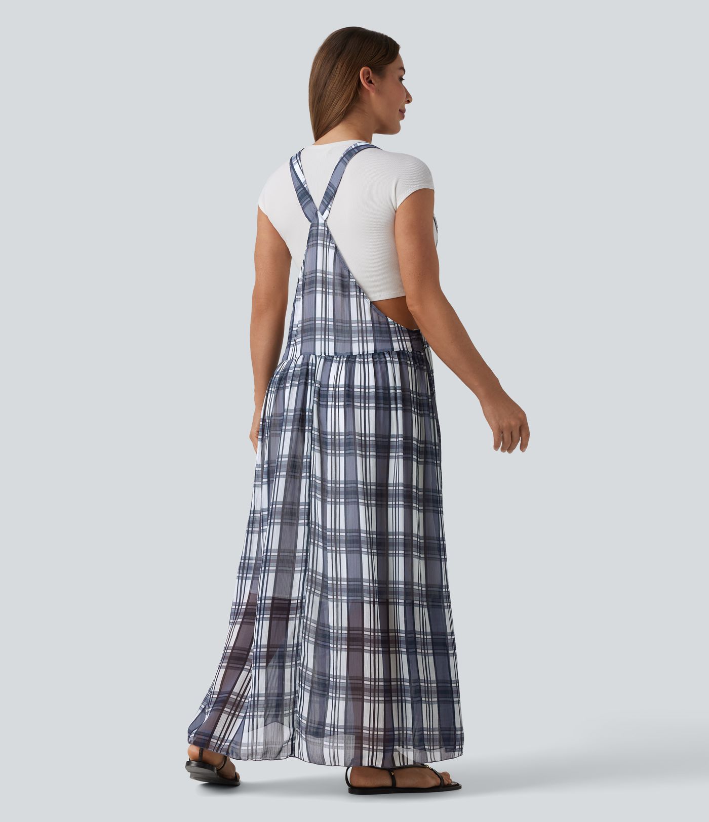 Adjustable Straps Plaid/Leopard Print Maxi Flowy Casual Pinafore Dress with Pockets