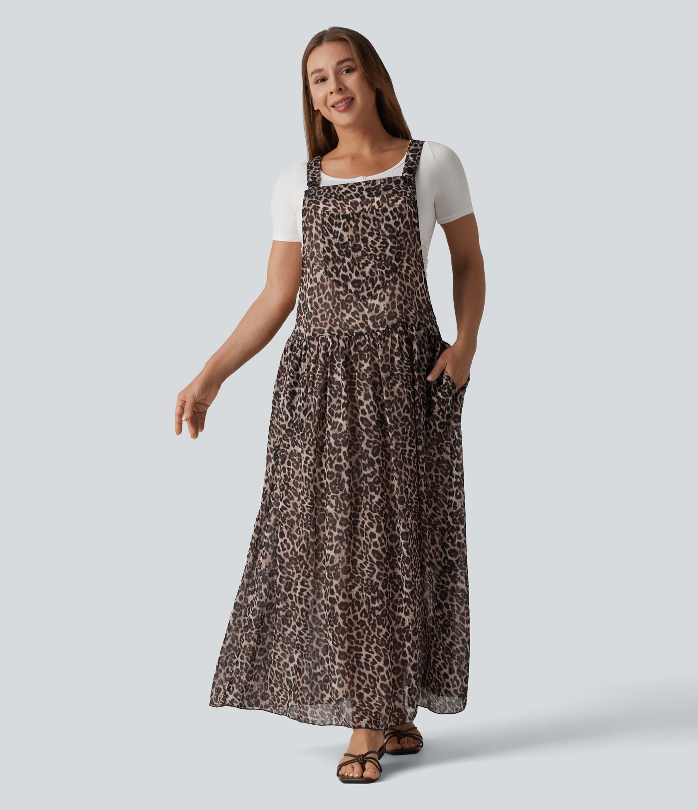 Adjustable Straps Plaid/Leopard Print Maxi Flowy Casual Pinafore Dress with Pockets