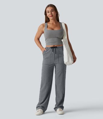 Freizeithose mit mittlerer Bundhöhe, Kordelzug, geradem Bein, Vichy-Karo und Taschen