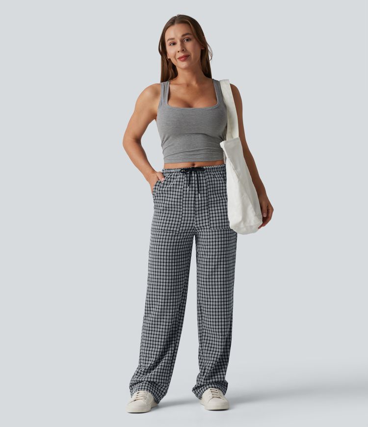 Freizeithose mit mittlerer Bundhöhe, Kordelzug, geradem Bein, Vichy-Karo und Taschen