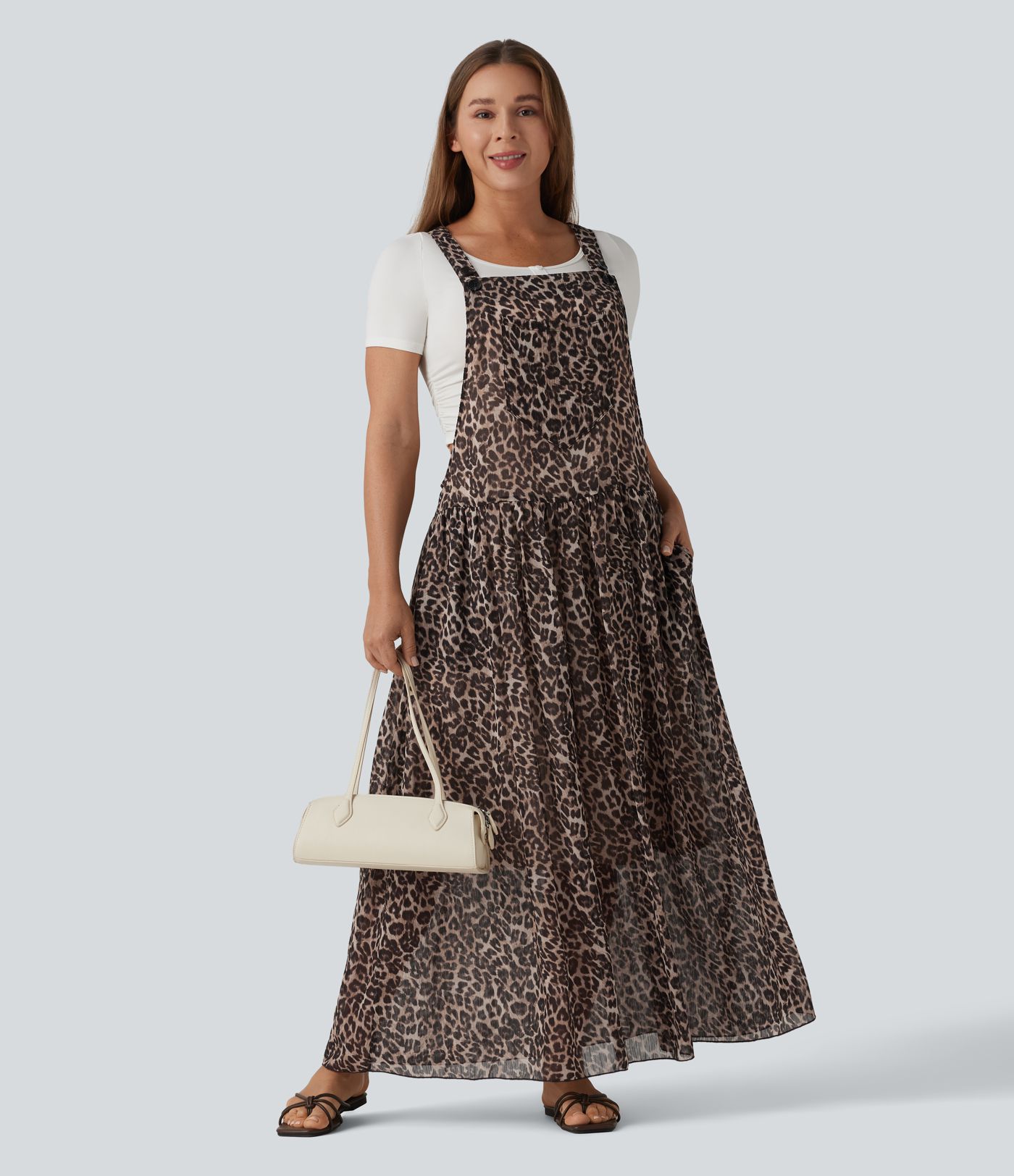 Adjustable Straps Plaid/Leopard Print Maxi Flowy Casual Pinafore Dress with Pockets
