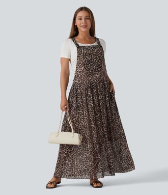 Adjustable Straps Plaid/Leopard Print Maxi Flowy Casual Pinafore Dress with Pockets