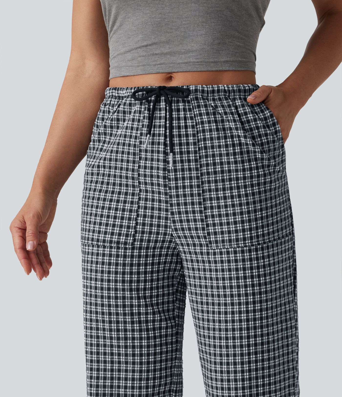 Freizeithose mit mittlerer Bundhöhe, Kordelzug, geradem Bein, Vichy-Karo und Taschen