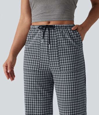 Freizeithose mit mittlerer Bundhöhe, Kordelzug, geradem Bein, Vichy-Karo und Taschen